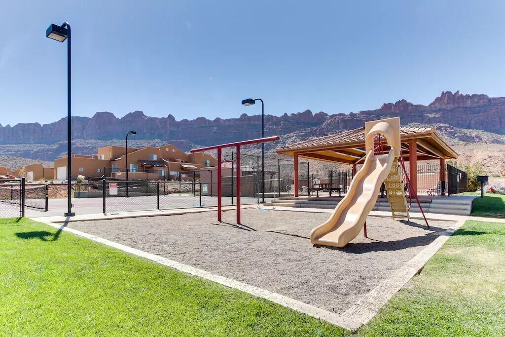 Communal playground with a mountain view