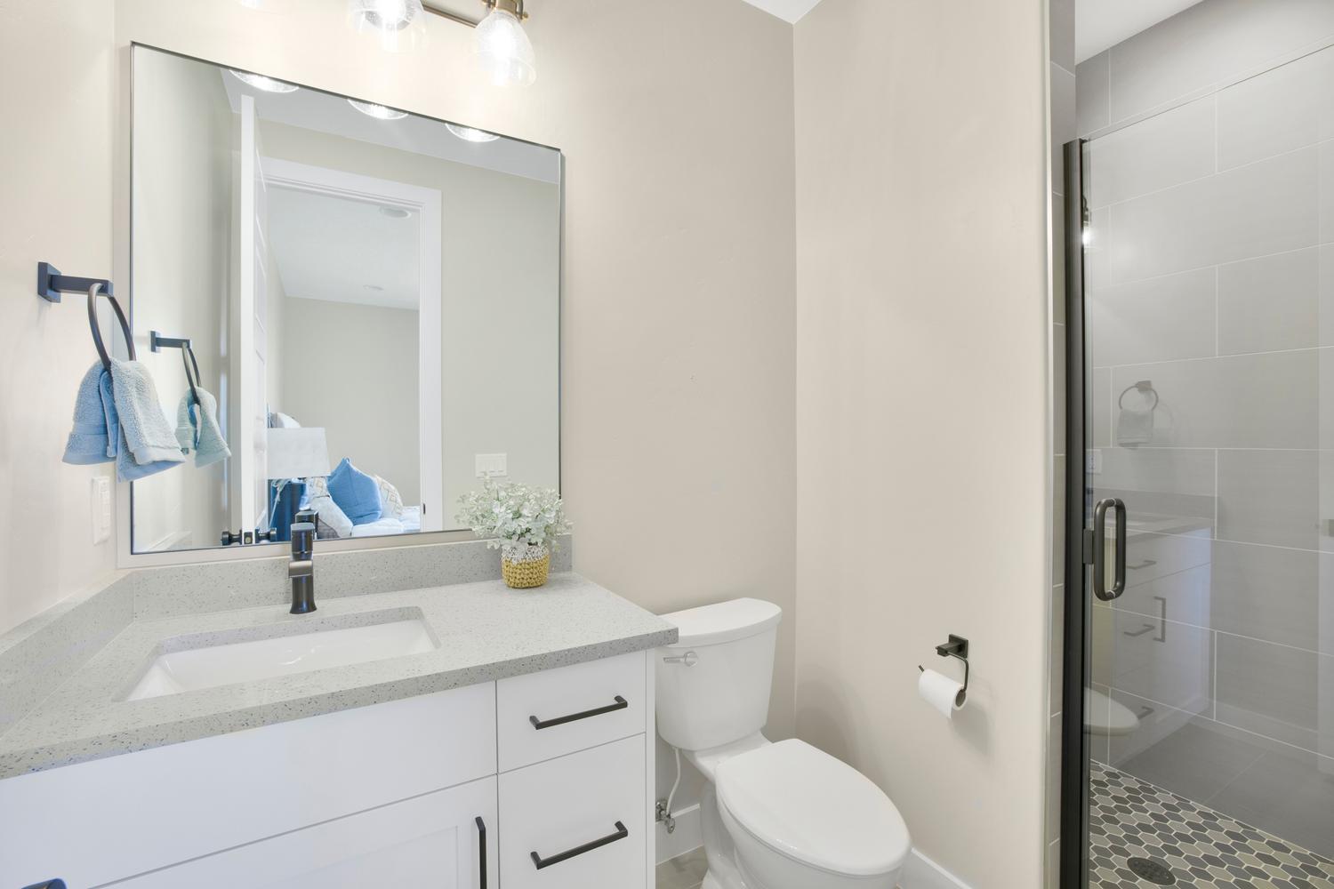 Bathroom with a stall shower, vanity, and ensuite bath
