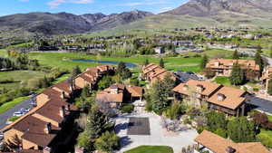 Aerial view of the community clubhouse and pool