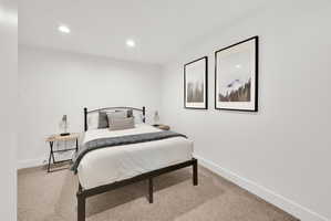 Bedroom #2 with carpet and modern finishes, the door is frosted glass.