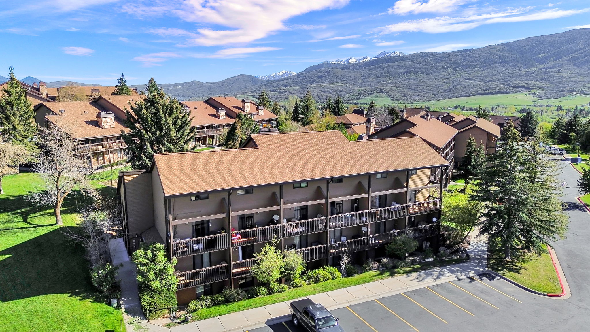 Aerial Deck view of building 4 and parking