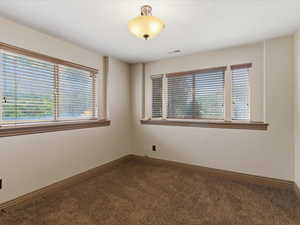 Carpeted room featuring multiple windows with blinds, a flush mount ceiling light fixture, and crown molding