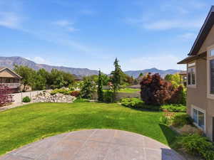 Expansive backyard featuring a large stamped concrete patio, verdant lawn, mature trees, and layered landscaping with rock accents