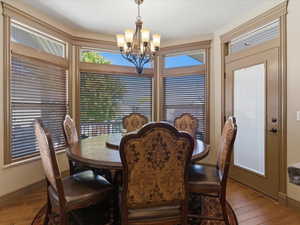 Dining area featuring a bay window with horizontal blinds, wood-finish flooring, and a chandelier