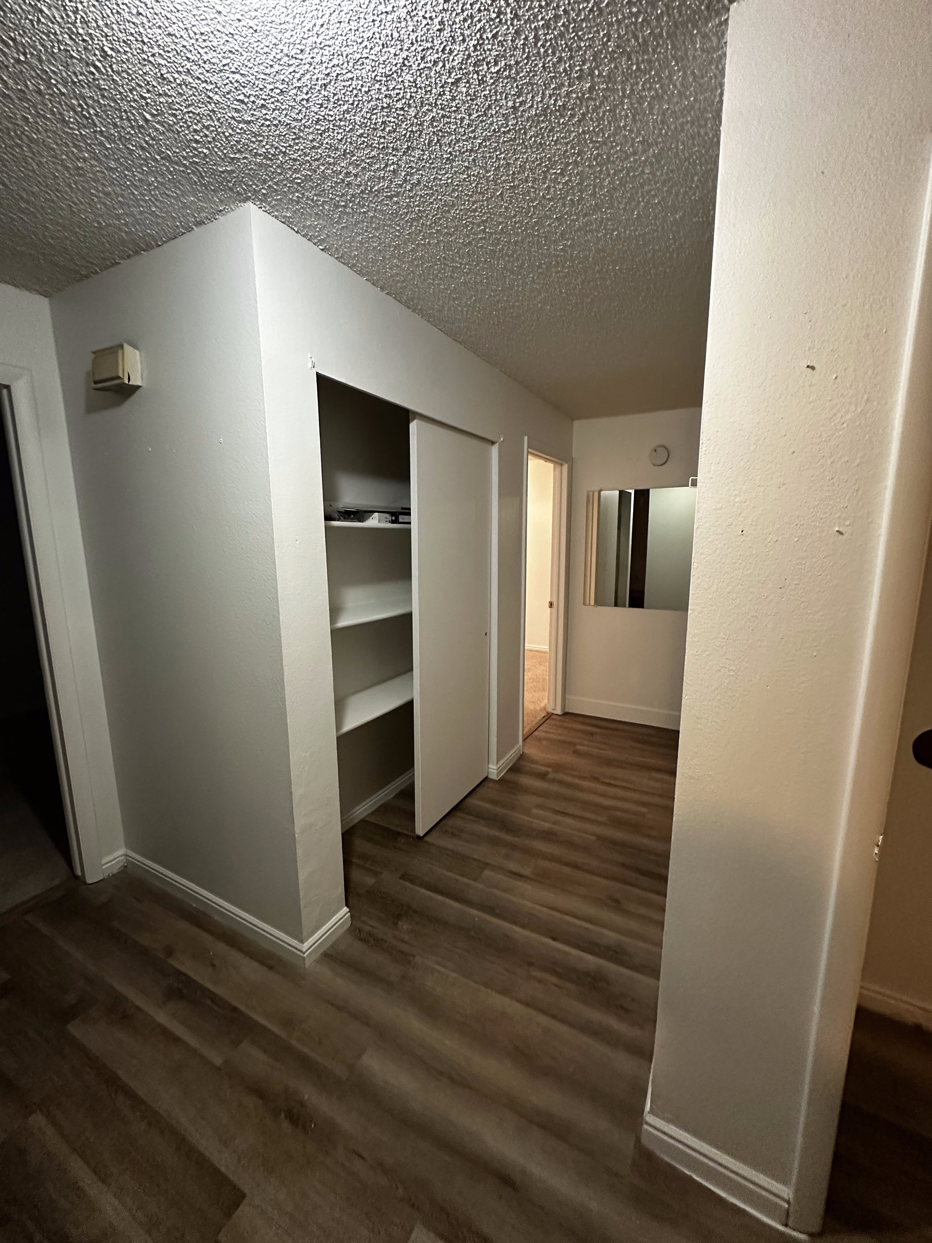 Hallway connecting living areas with updated flooring.