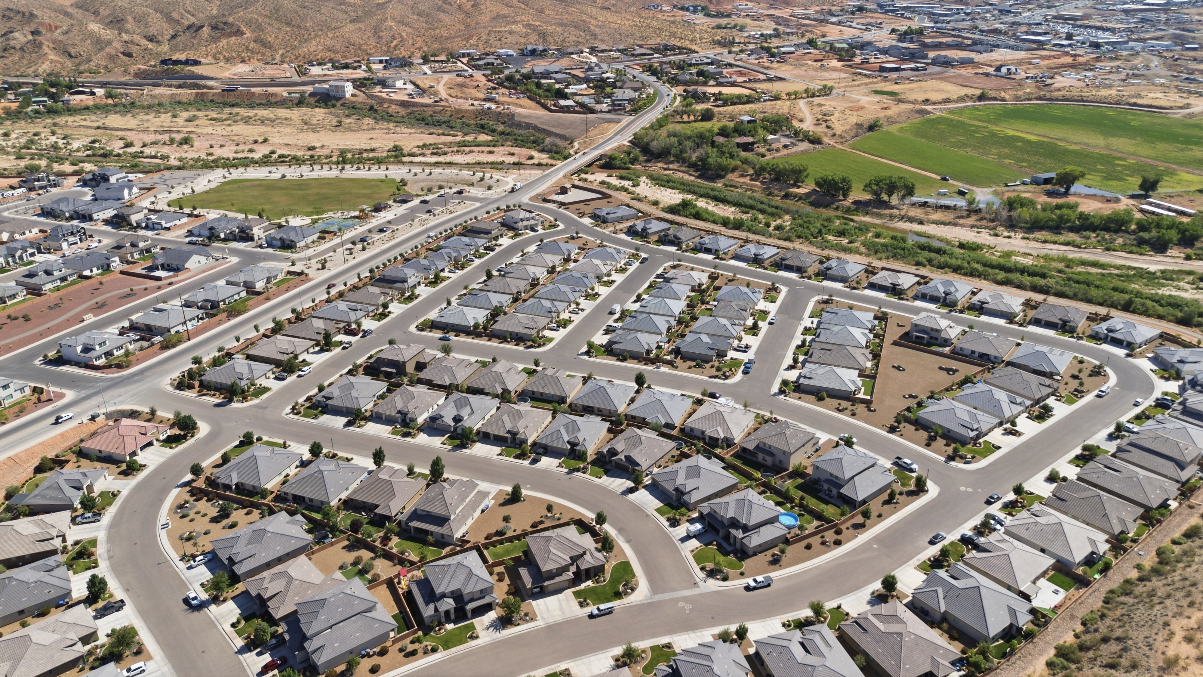 Expansive residential development with numerous single-story homes. Near park and trails.