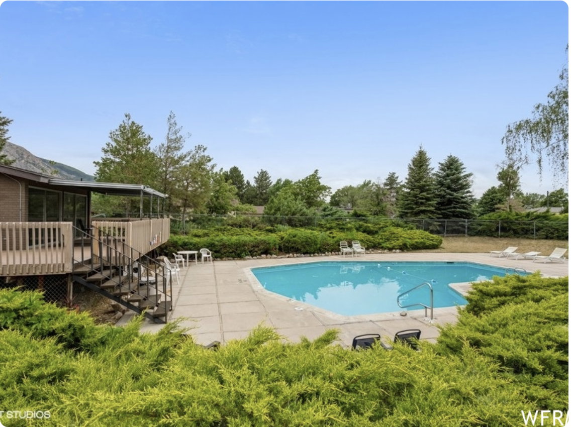Outdoor swimming pool with concrete surround, bordered by mature trees and shrubs