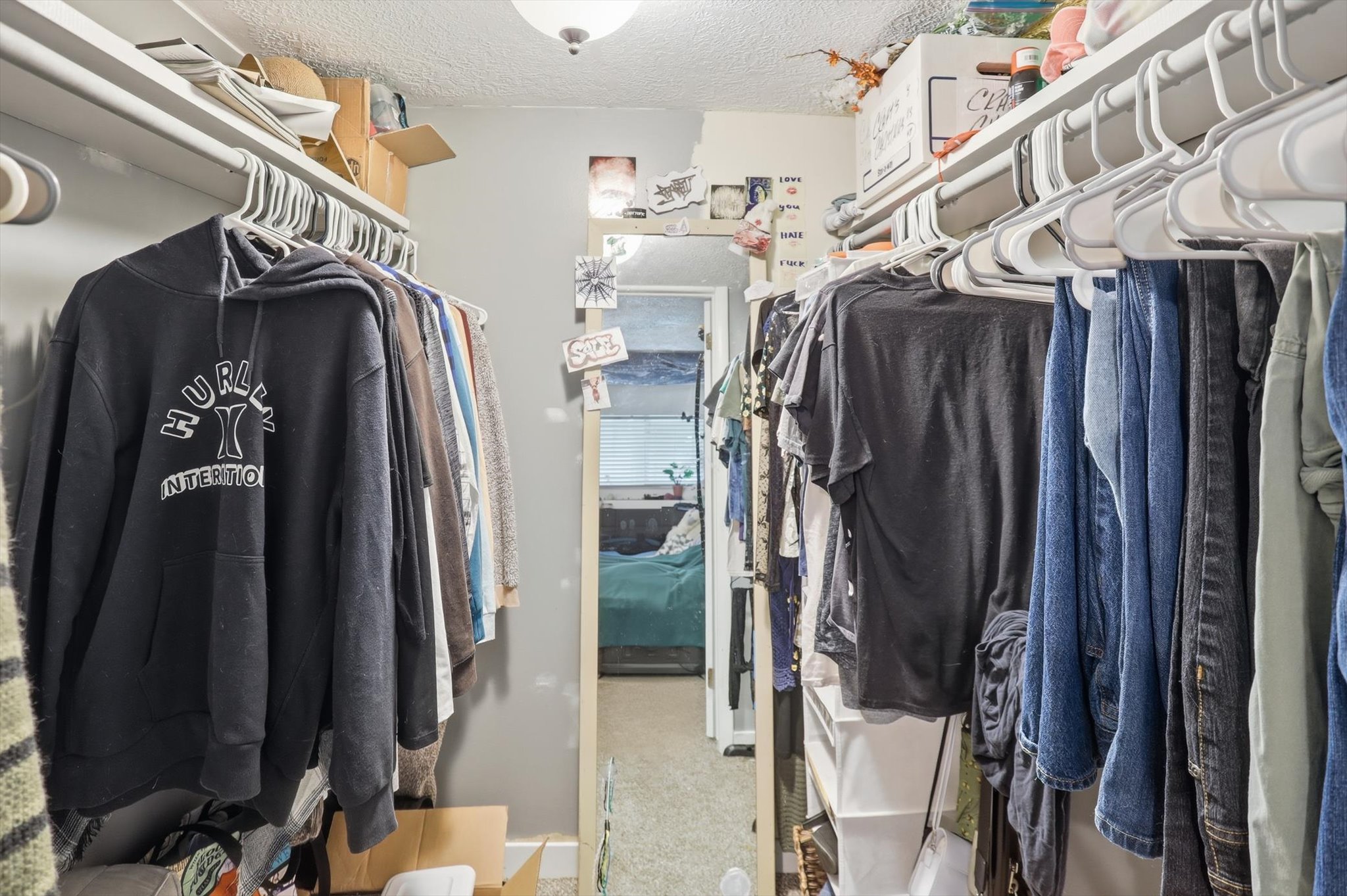 Walk in closet featuring light colored carpet