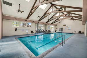 Indoor pool with a skylight and a ceiling fan