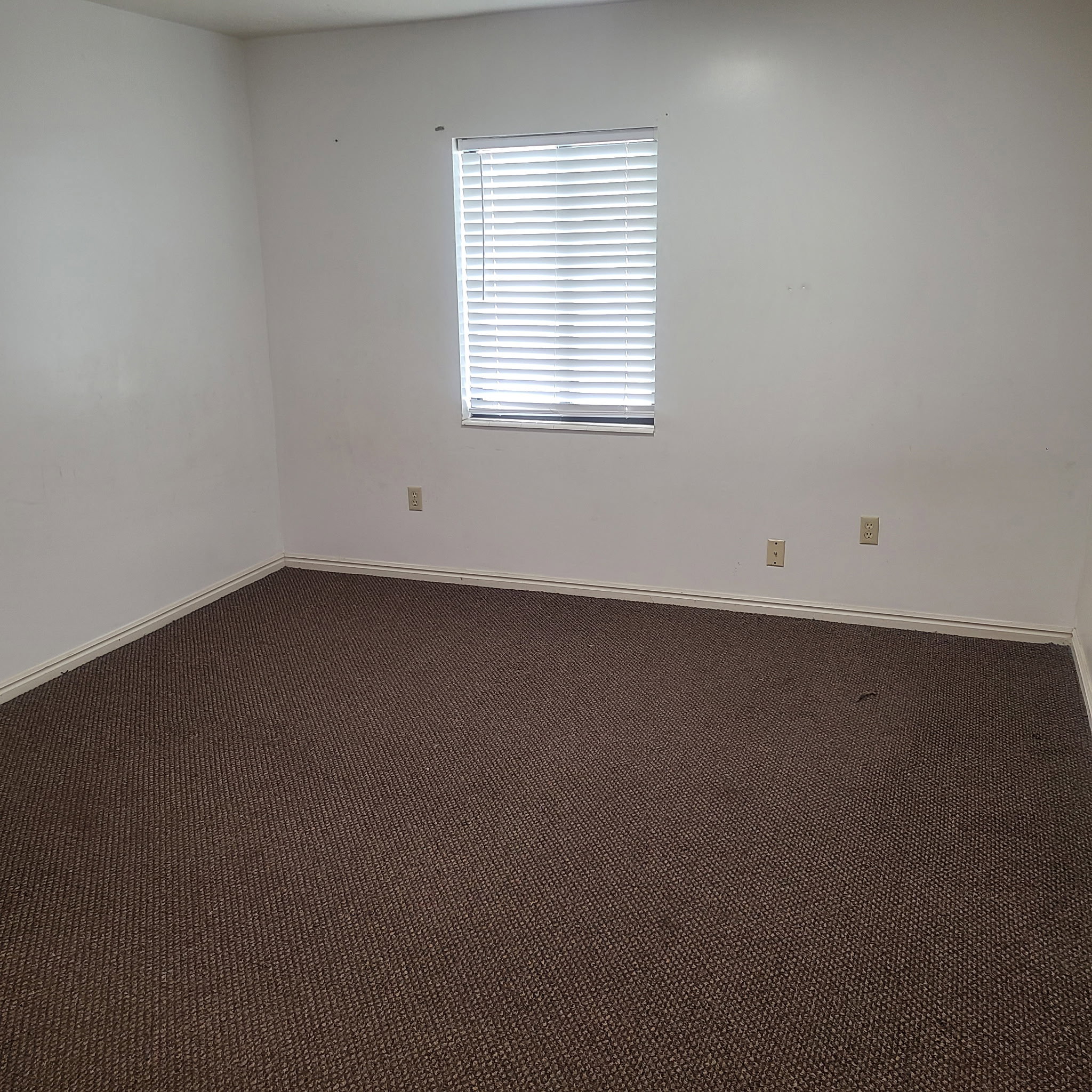 Unfurnished room with dark colored carpet and baseboards