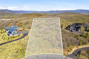 Aerial overview of property's location with property parcel outlined and a mountain backdrop