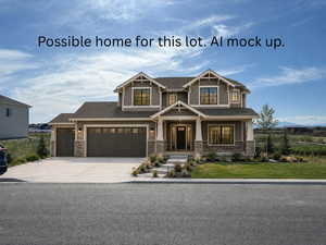Craftsman-style house featuring covered porch, stone siding, a front yard, driveway, and a garage