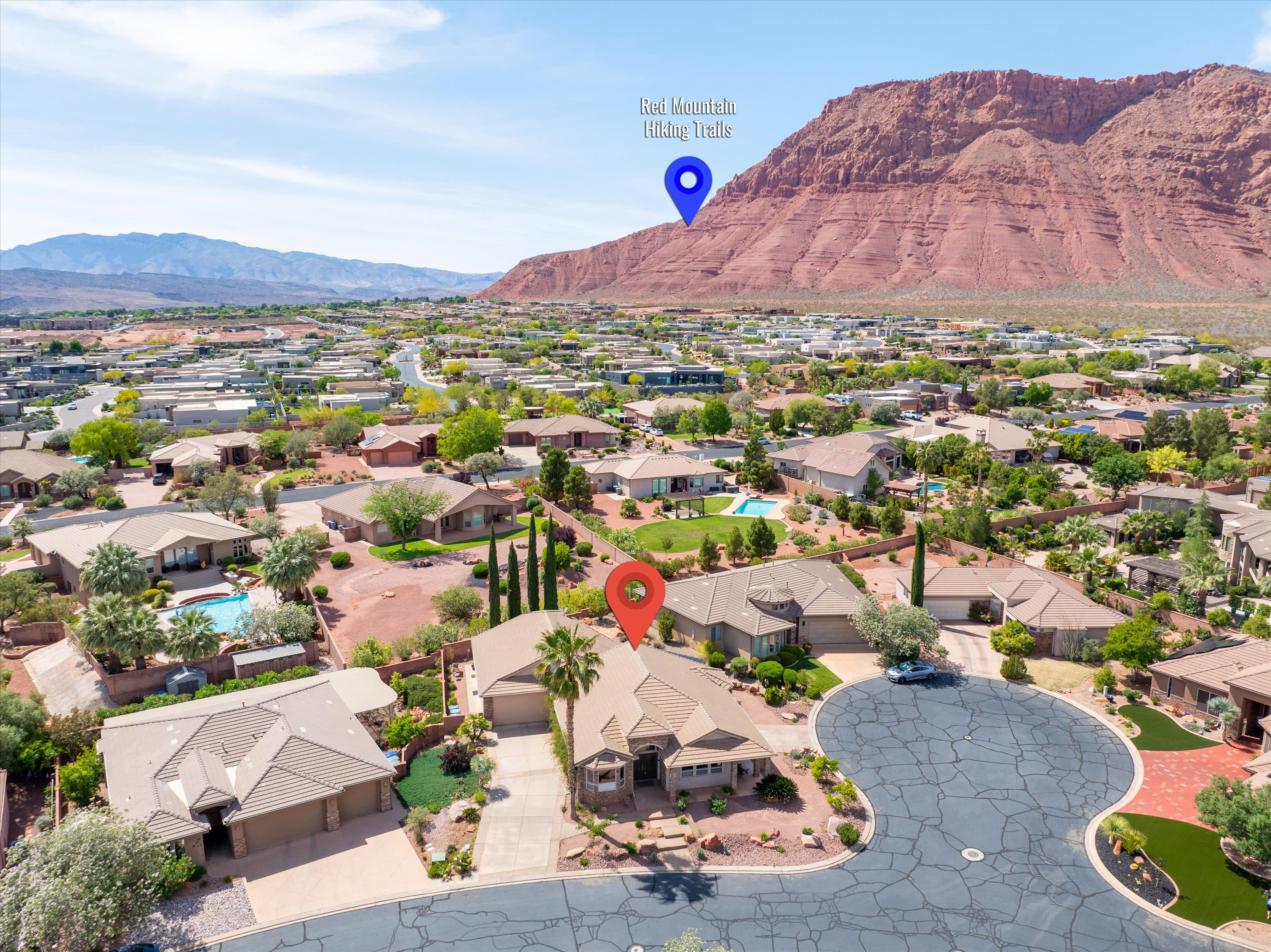 Aerial perspective of suburban area with mountains