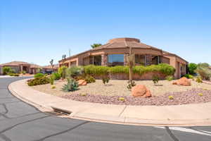 Desert-inspired landscaping featuring a curved sidewalk, a variety of low-maintenance plants, gravel ground cover, and natural rock accents