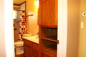 Full bathroom featuring vanity and curtained shower