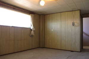 Unfurnished room featuring carpet flooring and wooden walls