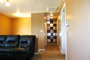 Living area with a textured ceiling and carpet floors and hallway to bedrooms