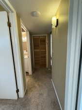 Hallway featuring carpeted flooring, neutral wall tones, and white trim