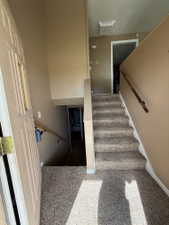 Split-level entryway featuring a paneled door, carpeted flooring, and a wooden handrail