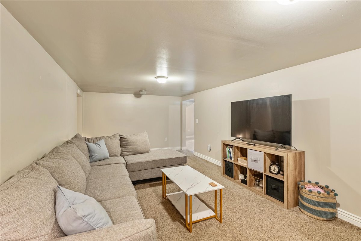 Living room with light colored carpet and baseboards