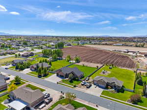 Aerial view of residential area with a mountainous background