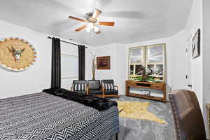 Carpeted bedroom with ceiling fan and a textured ceiling