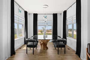 Dining room with light wood-type flooring, plenty of natural light, and hanging lights