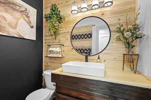 Bathroom with wooden walls and vanity