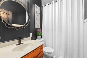 Full bathroom featuring vanity and a shower with shower curtain