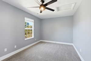 Empty room featuring a ceiling fan and light carpet