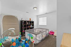 Bedroom featuring dark colored carpet and a textured ceiling