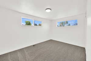 Empty room featuring dark carpet and healthy amount of natural light
