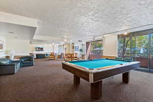 Recreation room featuring a billiard table, full-height windows, a lounge area, and a stone-clad fireplace