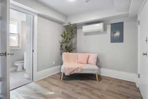 Living room, entry door on the right of photo. Mini-split on the wall provides great heating and cooling year round. It comes with remote control