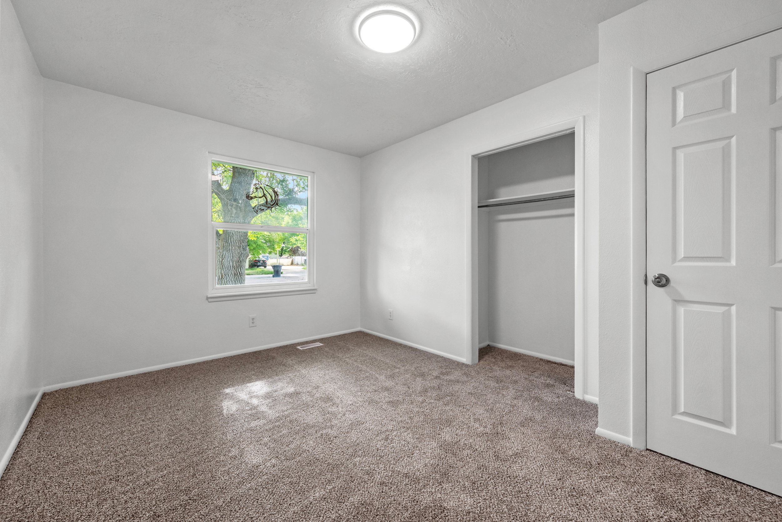 Carpeted room featuring a double-pane window, flush-mount ceiling light, and an open closet with shelving and a hanging rod
