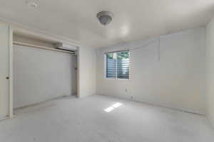 Room featuring a window with a corrugated metal window well, a ceiling-mounted light fixture, and an open closet space with a clothing rod