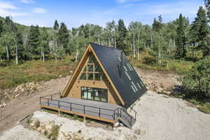 A-frame architecture featuring a dark metal roof and light wood siding