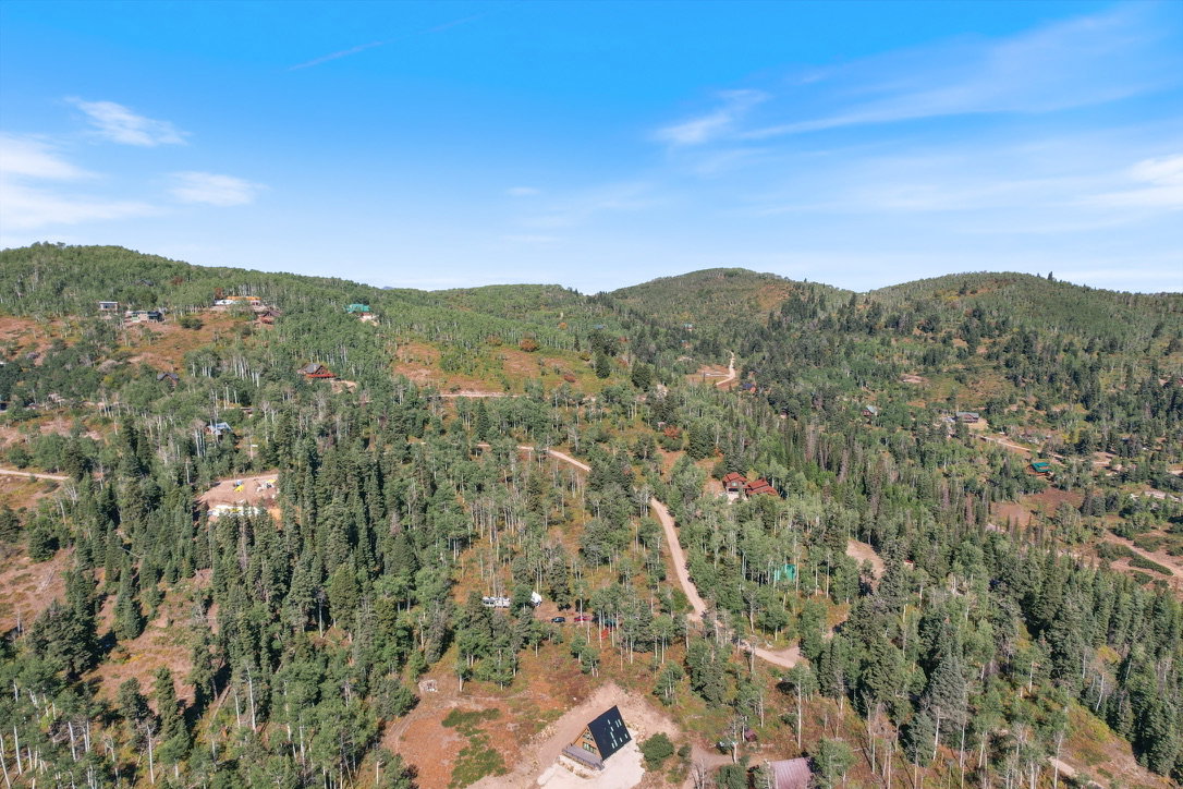 Mountainous terrain with dense tree coverage and scattered residential structures