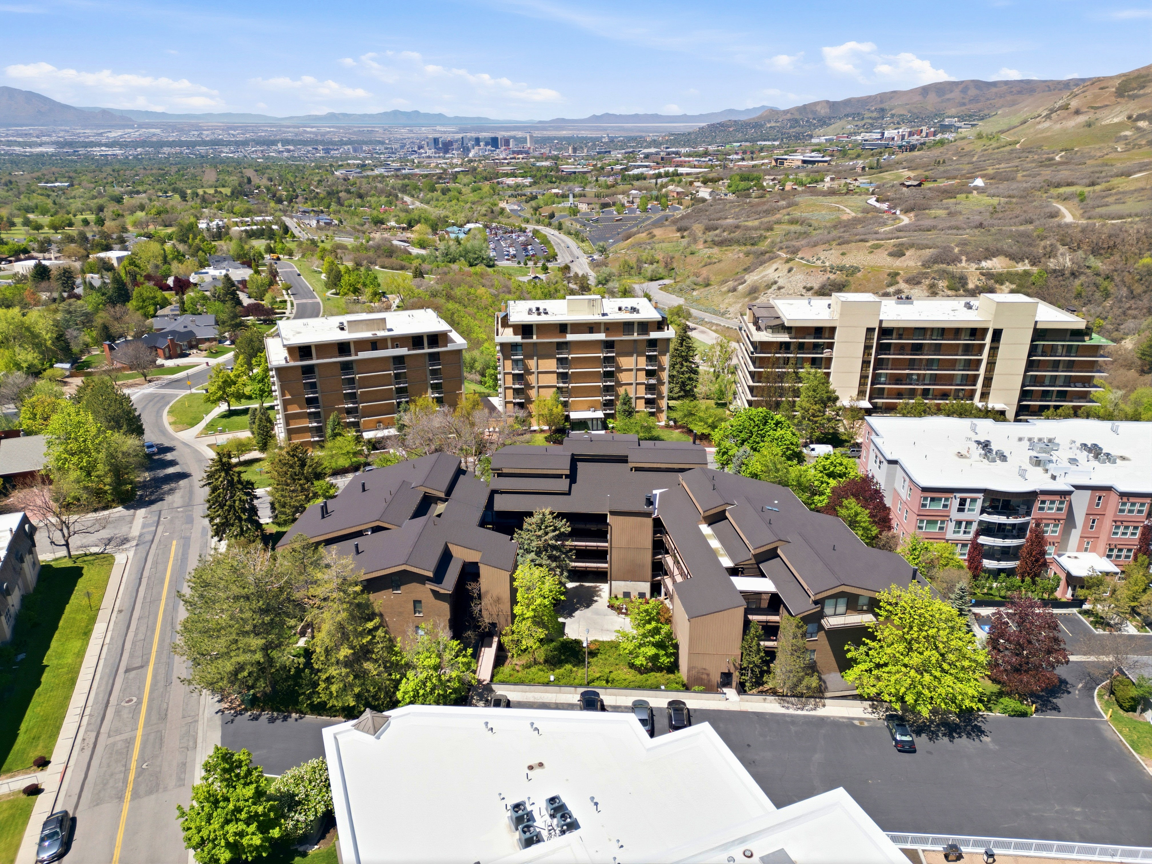 Elevated aerial perspective showcasing a multi-building residential complex