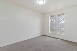 Bright room featuring two large windows, neutral-toned walls, gray carpeting, white baseboards, and a flush mount ceiling light