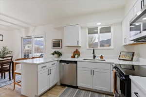 Contemporary kitchen featuring white cabinetry, light countertops, wood-finish flooring, and stainless steel appliances