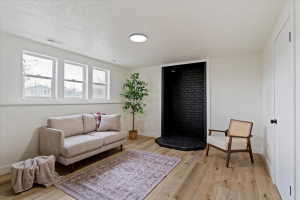 Spacious room featuring light wood-finish flooring, a contemporary black brick fireplace with a dark hearth, and three casement windows
