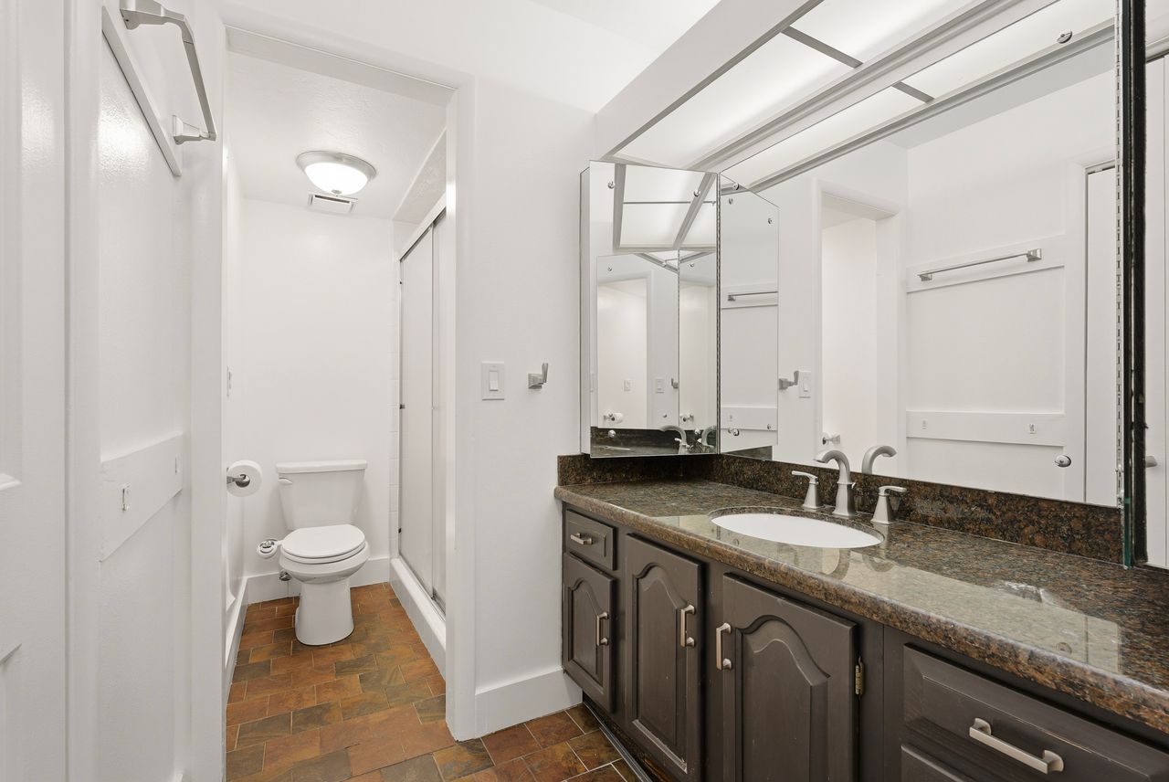 Full bath featuring vanity, dark stone finish floors, and a shower stall