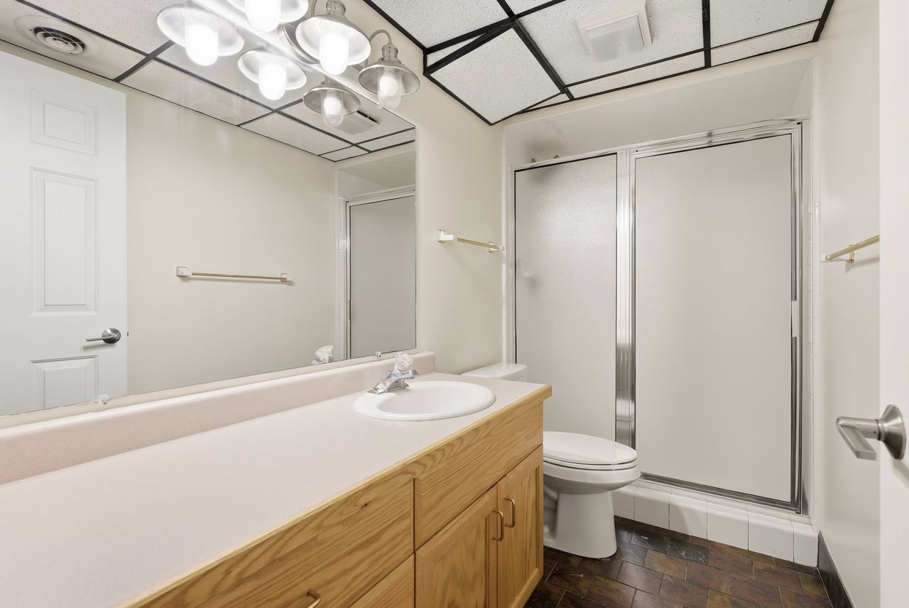 Full bath featuring a shower stall, vanity, dark stone finish flooring, and a drop ceiling