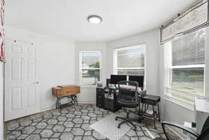 Bright room with multiple windows, wood-finish flooring, a white six-panel door, and a flush-mount ceiling light fixture
