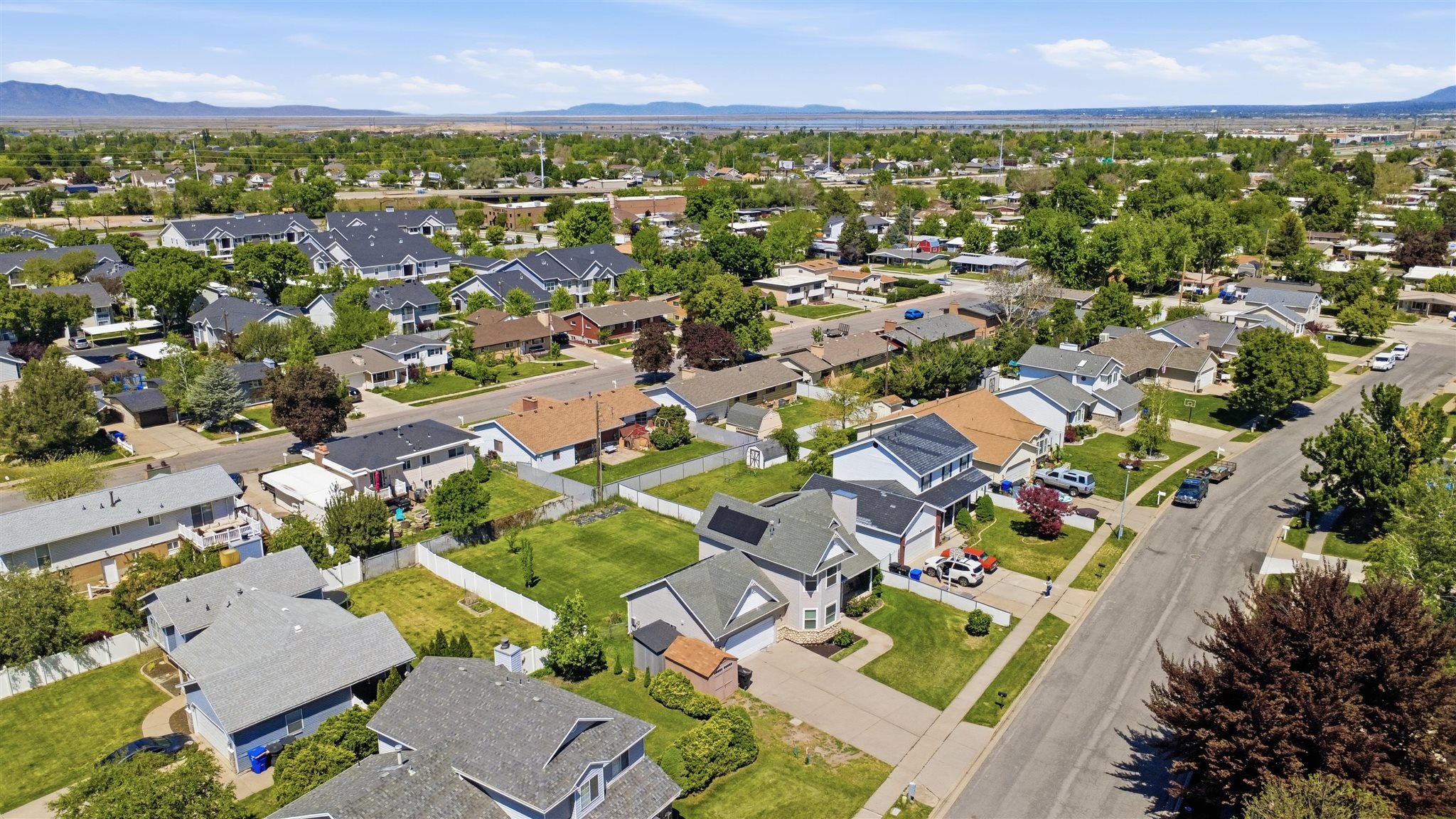 Residential neighborhood featuring mature trees and a clear sky