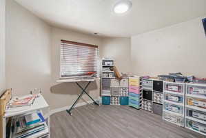 Spacious room featuring wood-finish flooring, a window with blinds, and a flush-mount ceiling light