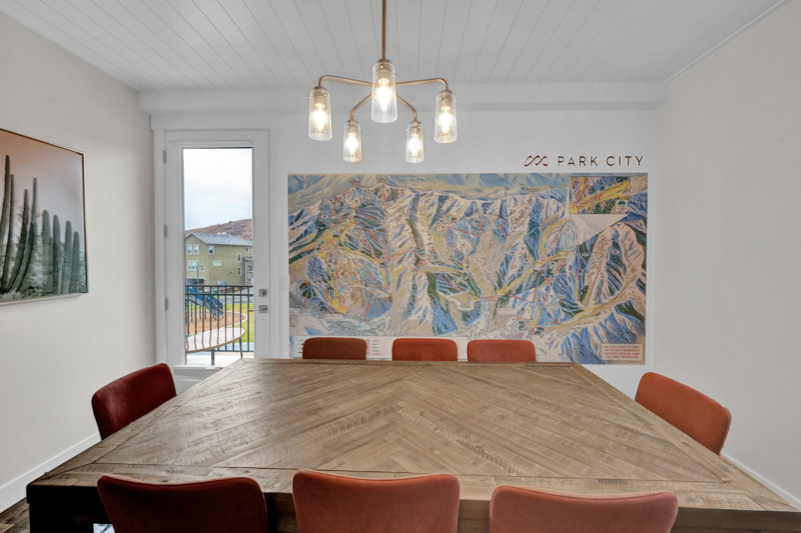Dining room with wood ceiling and hanging lights