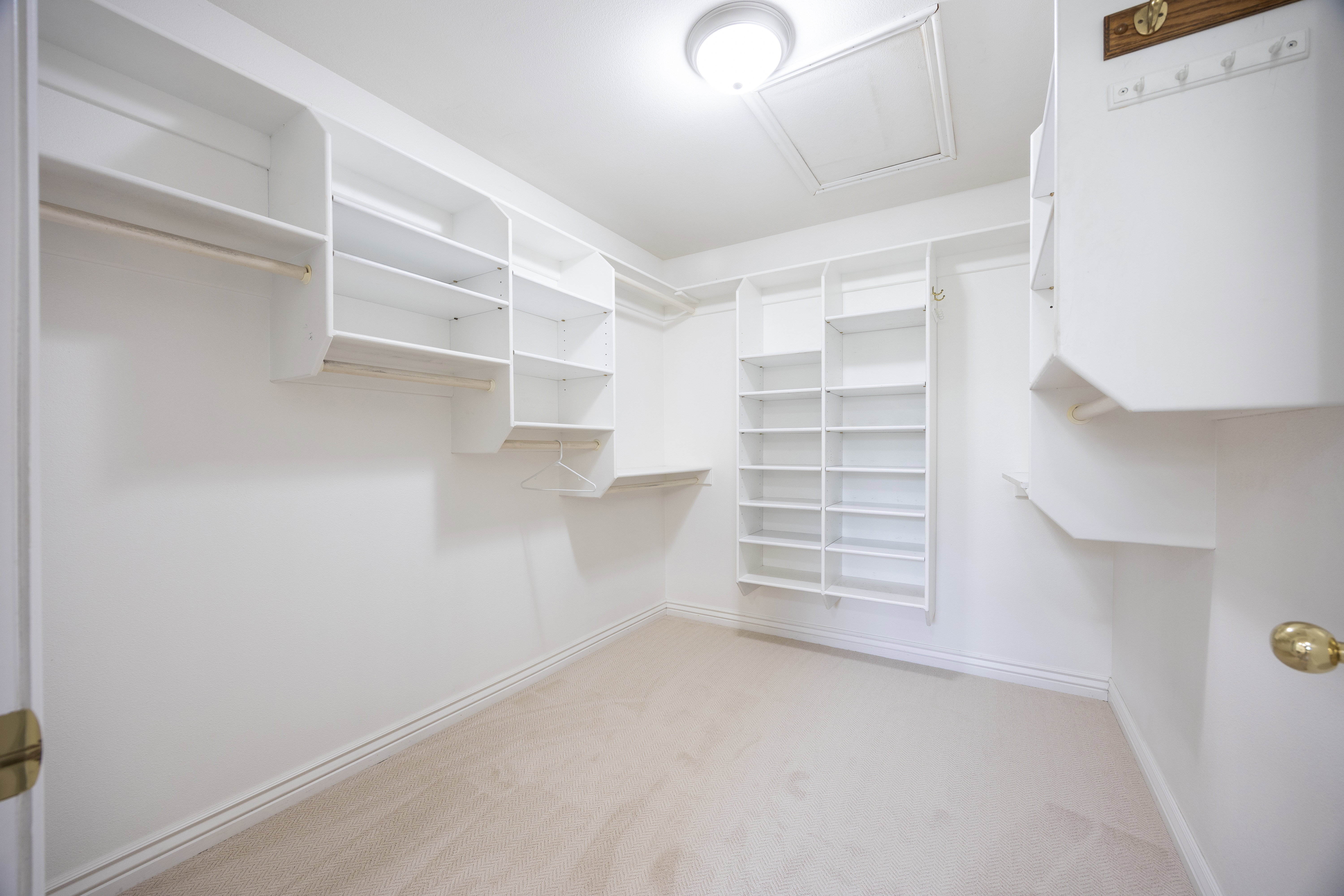Spacious closet featuring white built-in shelving, multiple hanging rods, and neutral-toned carpeting