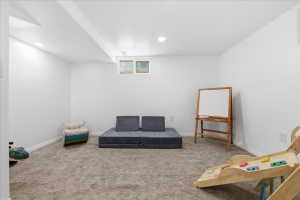 Living area featuring carpet and recessed lighting